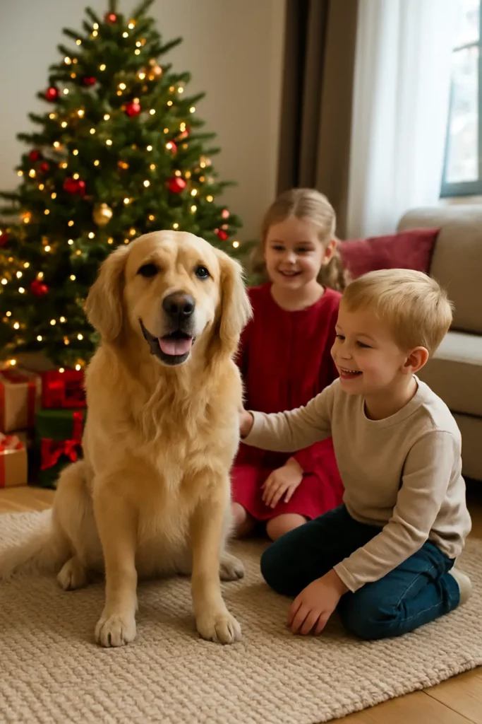 enfant avec un chien à noel