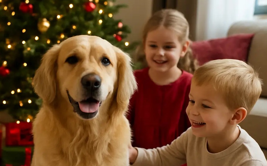 enfant avec un chien à noel