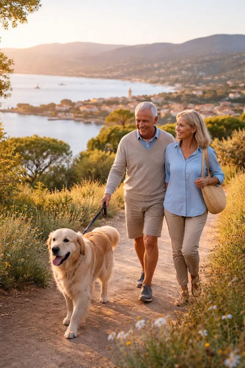 séniors promenant un chien à saint tropez